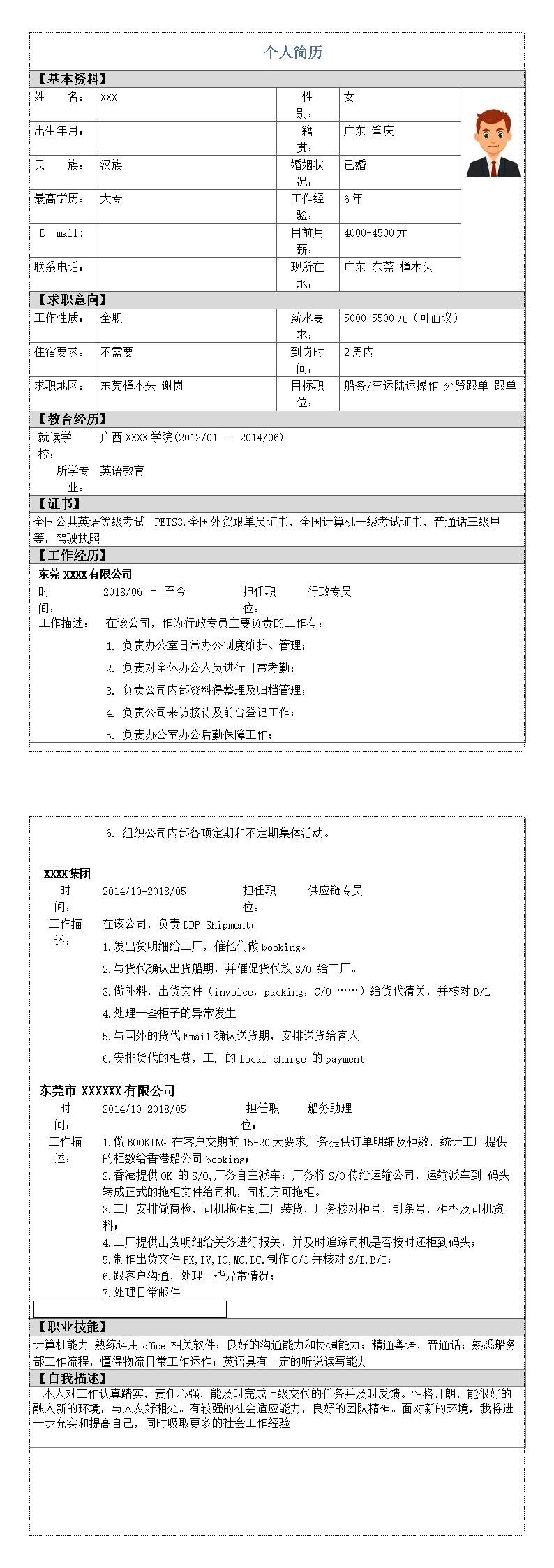 7580_船务陆运空运操作外贸跟单类岗位求职简历模板  - 国际贸易简历模板